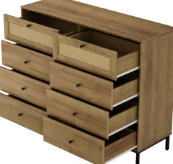 OTTO home Kombikommode »Motala Wäsche Schrank mit 8 Schubladen Sideboard BOHO Design« Eichen-Design mit schwarzen Griffen und Geflecht Schubladen,Kommode Schrank Wäscheschrank mit 8 Schubladen