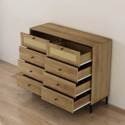 OTTO home Kombikommode »Motala Wäsche Schrank mit 8 Schubladen Sideboard BOHO Design« Eichen-Design mit schwarzen Griffen und Geflecht Schubladen,Kommode Schrank Wäscheschrank mit 8 Schubladen