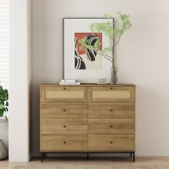 OTTO home Kombikommode »Motala Wäsche Schrank mit 8 Schubladen Sideboard BOHO Design« Eichen-Design mit schwarzen Griffen und Geflecht Schubladen,Kommode Schrank Wäscheschrank mit 8 Schubladen