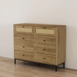 OTTO home Kombikommode »Motala Wäsche Schrank mit 8 Schubladen Sideboard BOHO Design« Eichen-Design mit schwarzen Griffen und Geflecht Schubladen,Kommode Schrank Wäscheschrank mit 8 Schubladen