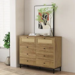 OTTO home Kombikommode »Motala Wäsche Schrank mit 8 Schubladen Sideboard BOHO Design« Eichen-Design mit schwarzen Griffen und Geflecht Schubladen,Kommode Schrank Wäscheschrank mit 8 Schubladen
