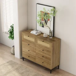 OTTO home Kombikommode »Motala Wäsche Schrank mit 8 Schubladen Sideboard BOHO Design« Eichen-Design mit schwarzen Griffen und Geflecht Schubladen,Kommode Schrank Wäscheschrank mit 8 Schubladen