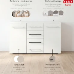 OTTO home Kombikommode »Sideboard Türkommode Schubladenkommode Kommode RONDO« Breite 120 / Höhe 81 cm, 4 Einlegeböden,mit 4 geräumigen Schubladen Metallgriff in Schwarz MADE IN GERMANY