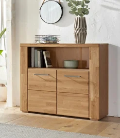 OTTO home Kommode »Celle, 90cm breit, 35cm tief, Fronten Massivholz« Holz massiv, Holzwerkstoff, Metall Griffe,3 breite Fächer