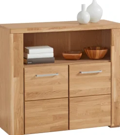OTTO home Kommode »Celle, 90cm breit, 35cm tief, Fronten Massivholz« Holz massiv, Holzwerkstoff, Metall Griffe,3 breite Fächer