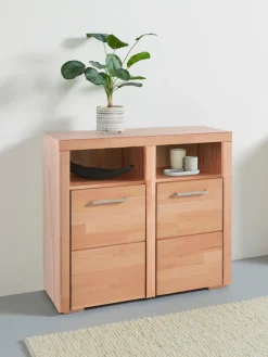 OTTO home Kommode »Falco,89cm breit,35 cm tief, Fronten Massivholz« Kernbuche massiv, Holzwerkstoff, Metall Griffe,6Fächer