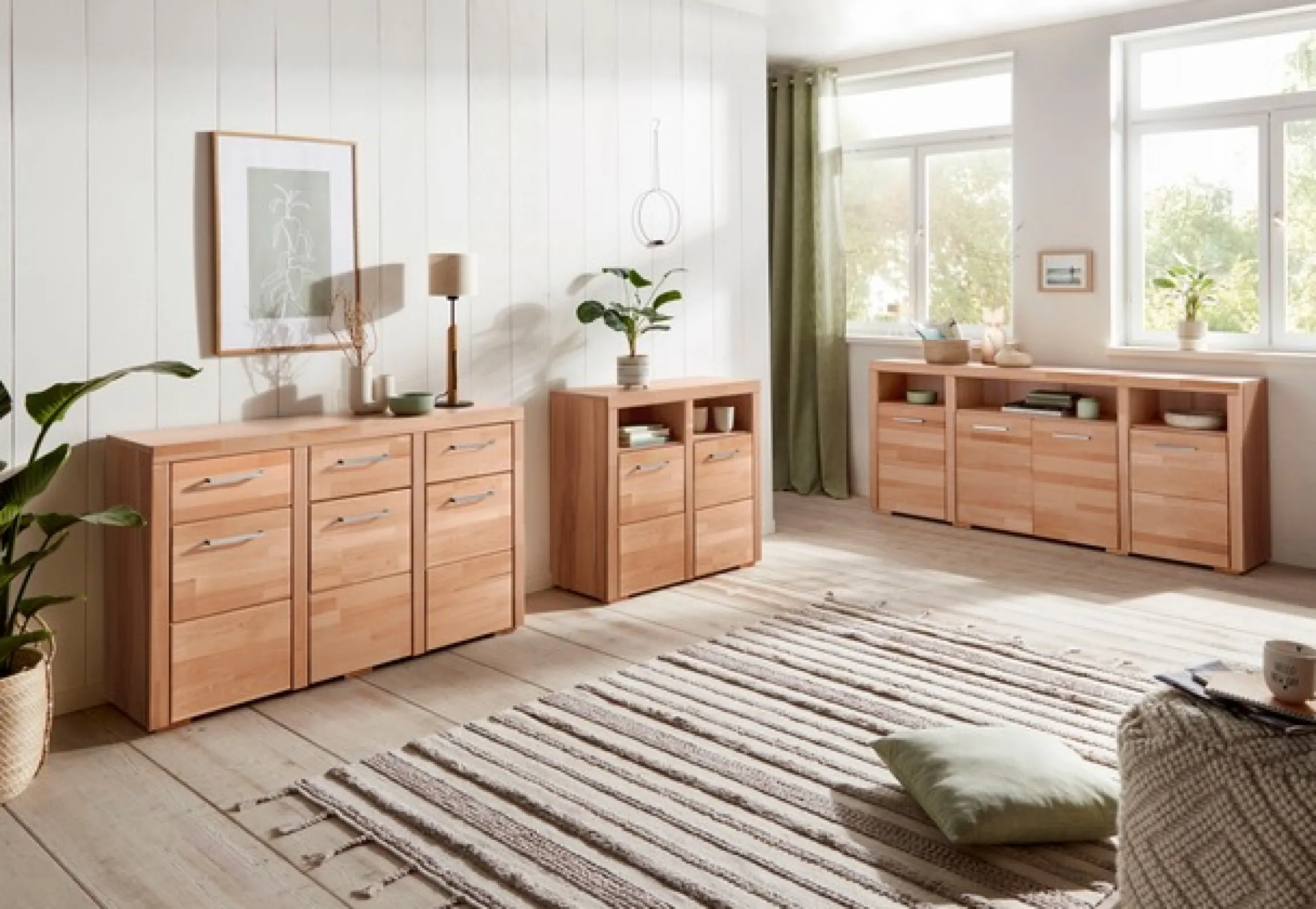 OTTO home Kommode »Falco,89cm breit,35 cm tief, Fronten Massivholz« Kernbuche massiv, Holzwerkstoff, Metall Griffe,6Fächer