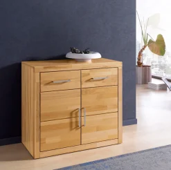 OTTO home Kommode »Logo,90cm breit,42 cm tief, Fronten Massivholz,2 Türen,2 Schubladen« Holz massiv, Holzwerkstoff,2 breite Fächer,Boden versetzbar