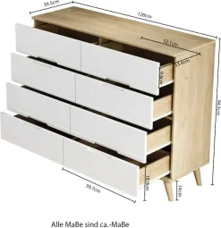 OTTO home Kommode »Lund« mit glänzenden Fronten, Griffmulden, helles Holzdekor, Breite 120 cm