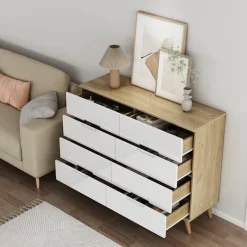 OTTO home Kommode »Lund« mit glänzenden Fronten, Griffmulden, helles Holzdekor, Breite 120 cm