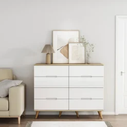 OTTO home Kommode »Lund« mit glänzenden Fronten, Griffmulden, helles Holzdekor, Breite 120 cm