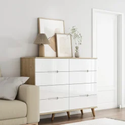 OTTO home Kommode »Lund« mit glänzenden Fronten, Griffmulden, helles Holzdekor, Breite 120 cm