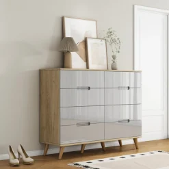OTTO home Kommode »Lund« mit glänzenden Fronten, Griffmulden, helles Holzdekor, Breite 120 cm