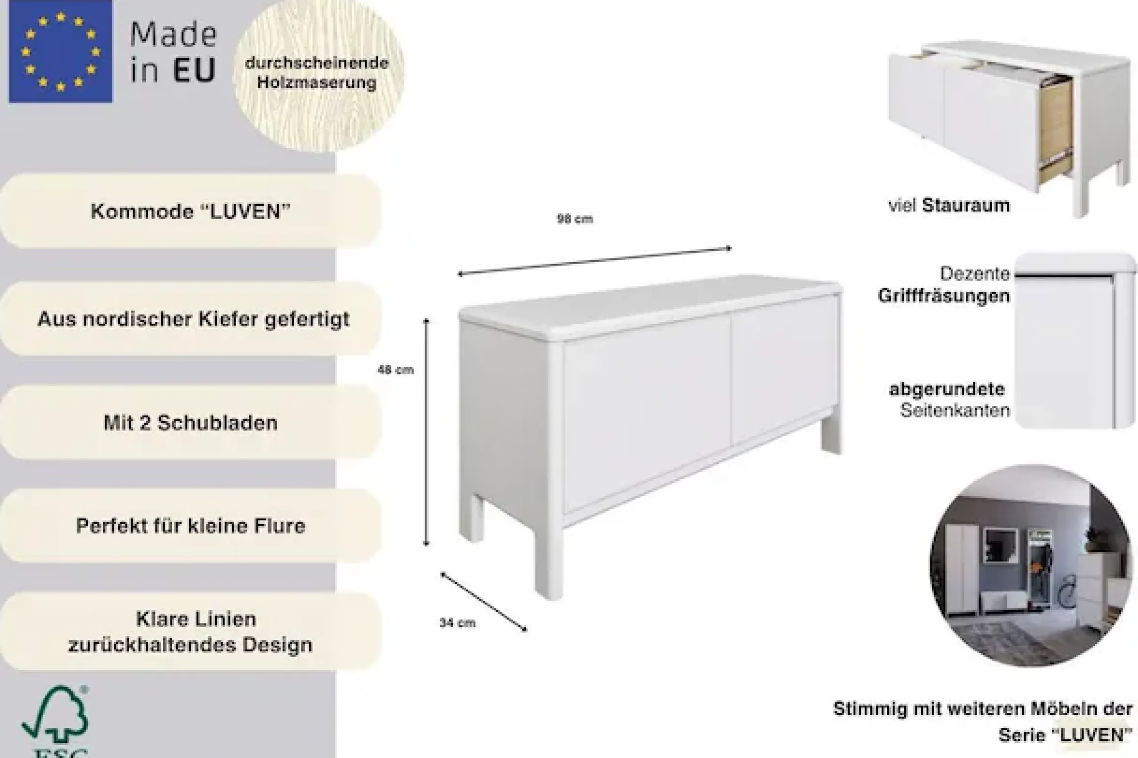 OTTO home Kommode »Luven« FSC® zertifiziertes Massivholz, mit 2 Schubkasten