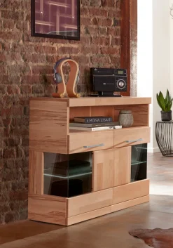 OTTO home Kommode »Ribe 85cm breit,35 cm tief, Fronten Massivholz,2 Türen mit Glaseinsatz« Holz massiv, Holzwerkstoff,3 breite Fächer