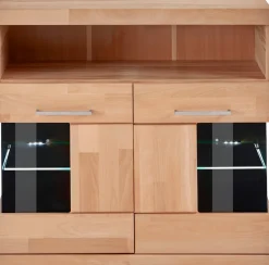OTTO home Kommode »Ribe 85cm breit,35 cm tief, Fronten Massivholz,2 Türen mit Glaseinsatz« Holz massiv, Holzwerkstoff,3 breite Fächer