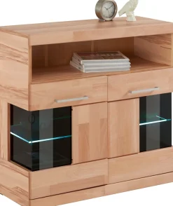 OTTO home Kommode »Ribe 85cm breit,35 cm tief, Fronten Massivholz,2 Türen mit Glaseinsatz« Holz massiv, Holzwerkstoff,3 breite Fächer