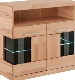 OTTO home Kommode »Ribe 85cm breit,35 cm tief, Fronten Massivholz,2 Türen mit Glaseinsatz« Holz massiv, Holzwerkstoff,3 breite Fächer
