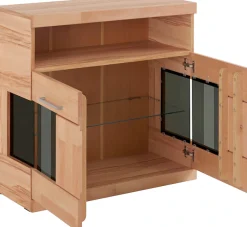 OTTO home Kommode »Ribe 85cm breit,35 cm tief, Fronten Massivholz,2 Türen mit Glaseinsatz« Holz massiv, Holzwerkstoff,3 breite Fächer