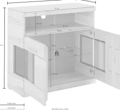OTTO home Kommode »Ribe 85cm breit,35 cm tief, Fronten Massivholz,2 Türen mit Glaseinsatz« Holz massiv, Holzwerkstoff,3 breite Fächer