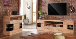 OTTO home Kommode »Ribe 85cm breit,35 cm tief, Fronten Massivholz,2 Türen mit Glaseinsatz« Holz massiv, Holzwerkstoff,3 breite Fächer