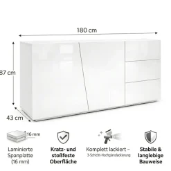 OTTO home Kommode »San Remo, Kombikommode, Sideboard, mit viel Stauraum, Hochglanz« Moderne Kommode, UV-lackiert, grifflos, push-to-open-Funktion, B=180cm