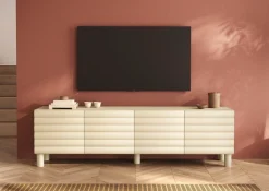 OTTO home Lowboard »Adria, 202 cm breit, 4 Türen, Mediaboard, TV-Schrank, TV-Board« Korpus Talco Spatolato, MDF-Fronten in 3D-Design, viel Stauraum