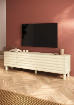 OTTO home Lowboard »Adria, 202 cm breit, 4 Türen, Mediaboard, TV-Schrank, TV-Board« Korpus Talco Spatolato, MDF-Fronten in 3D-Design, viel Stauraum