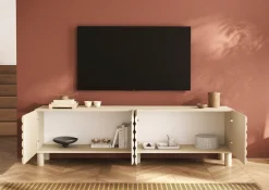 OTTO home Lowboard »Adria, 202 cm breit, 4 Türen, Mediaboard, TV-Schrank, TV-Board« Korpus Talco Spatolato, MDF-Fronten in 3D-Design, viel Stauraum