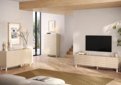 OTTO home Lowboard »Adria, 202 cm breit, 4 Türen, Mediaboard, TV-Schrank, TV-Board« Korpus Talco Spatolato, MDF-Fronten in 3D-Design, viel Stauraum
