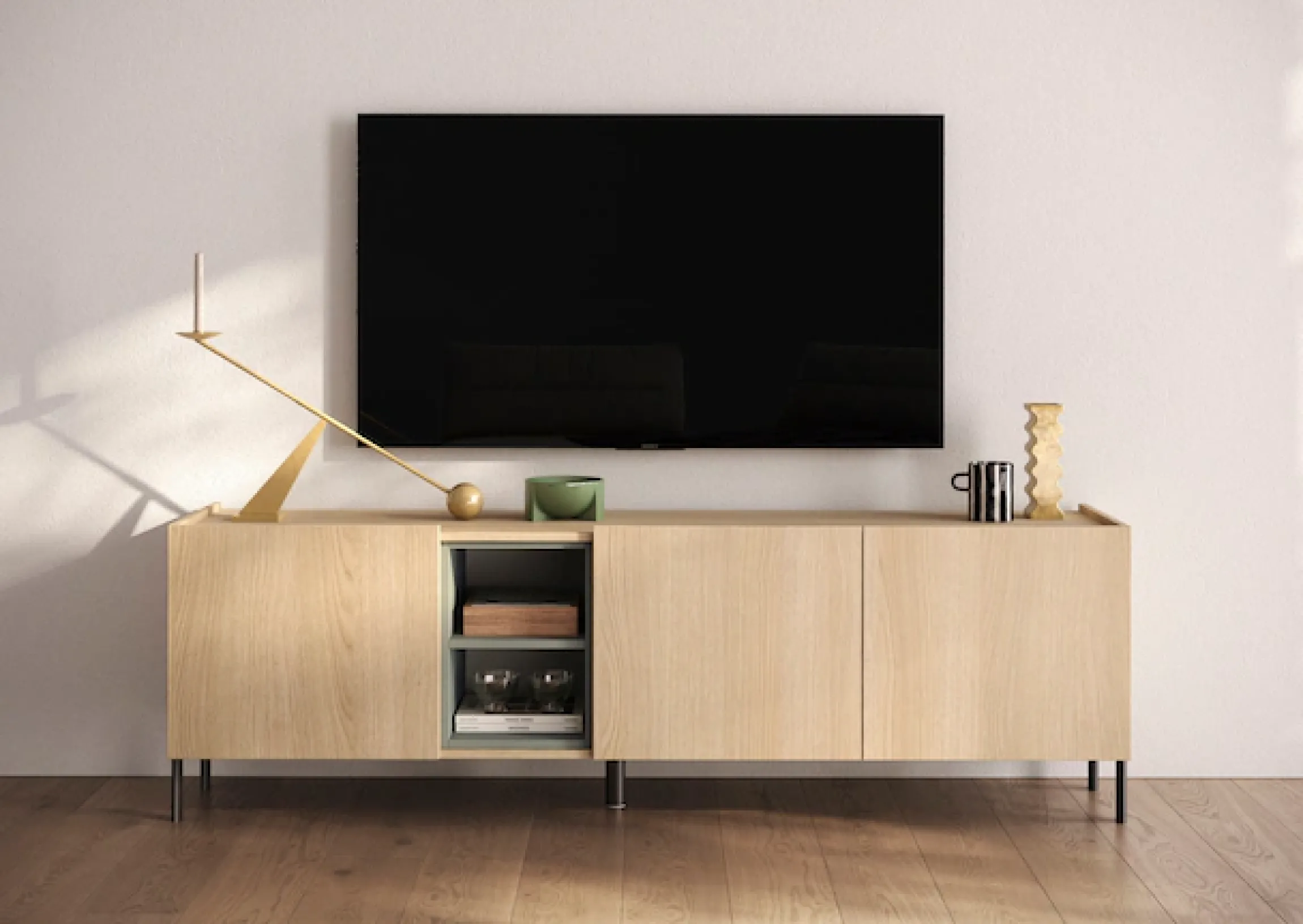OTTO home Lowboard »Badia, 182 cm breit, 3 Türen, Mediaboard, TV-Schrank« Innenliegendes Top, gerade Metallfüße, salbeigrüne Farbakzente