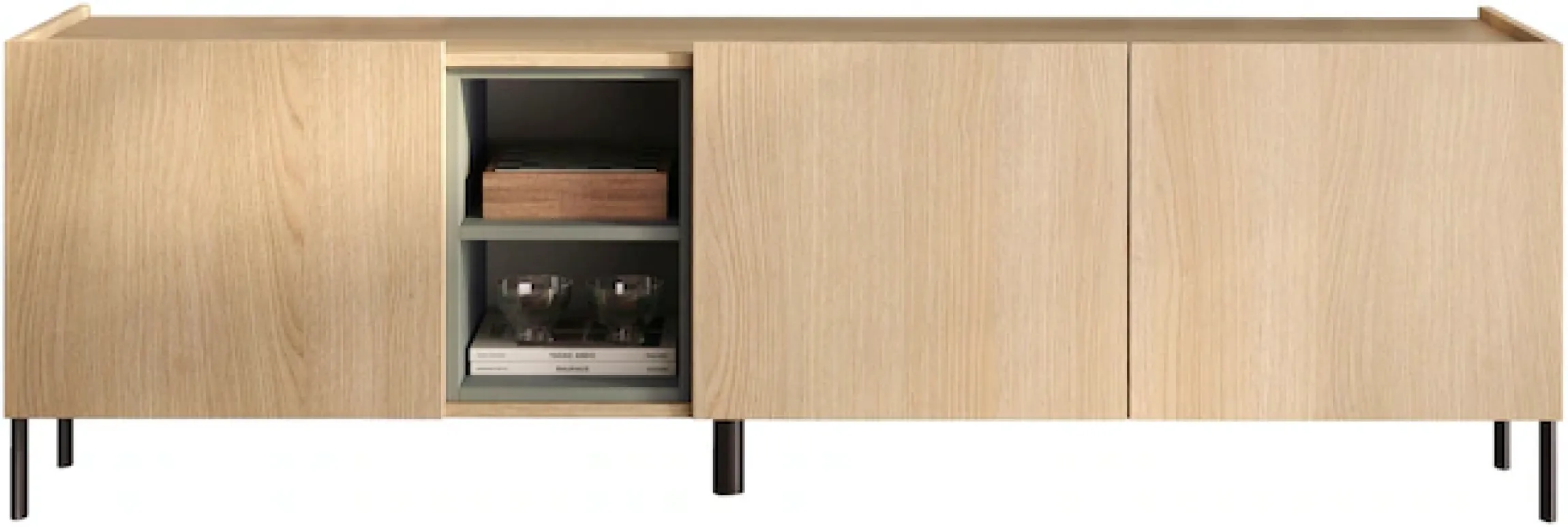 OTTO home Lowboard »Badia, 182 cm breit, 3 Türen, Mediaboard, TV-Schrank« Innenliegendes Top, gerade Metallfüße, salbeigrüne Farbakzente