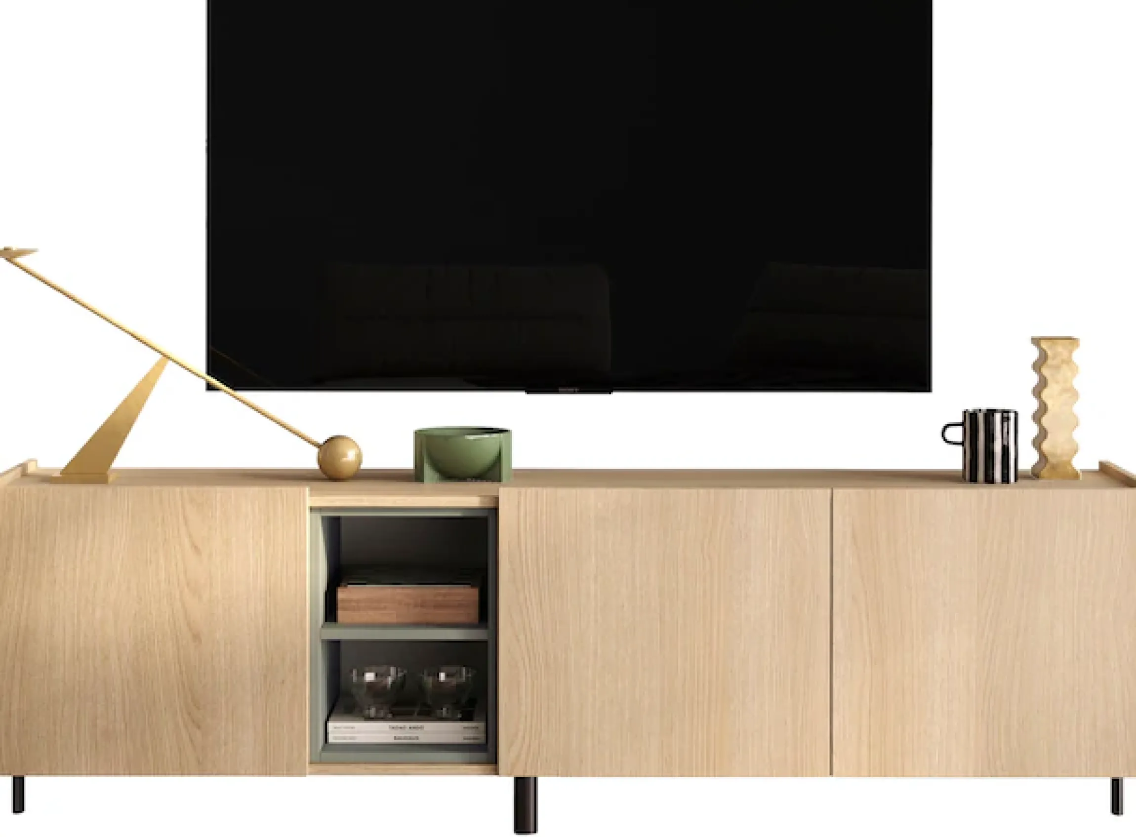 OTTO home Lowboard »Badia, 182 cm breit, 3 Türen, Mediaboard, TV-Schrank« Innenliegendes Top, gerade Metallfüße, salbeigrüne Farbakzente