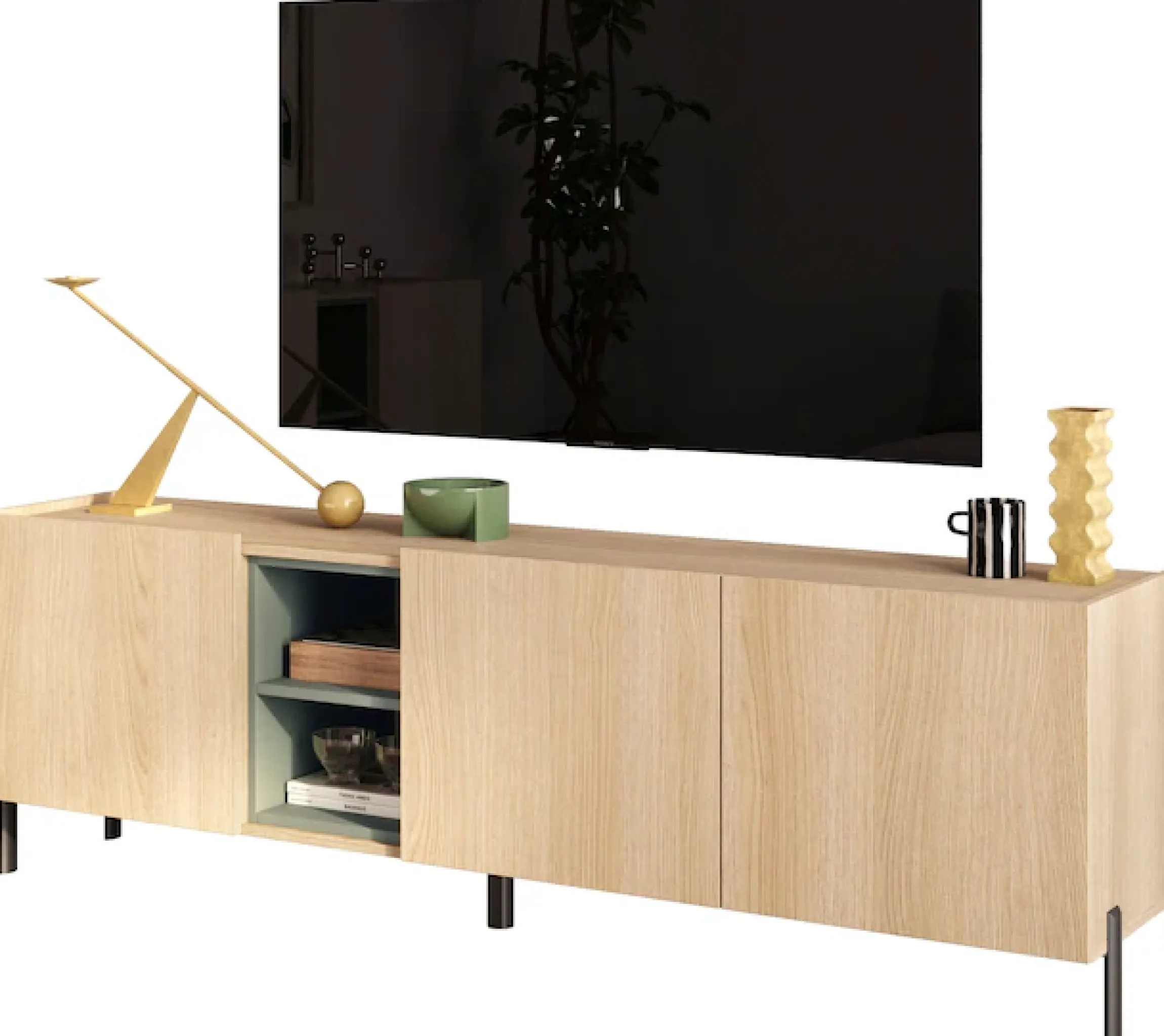 OTTO home Lowboard »Badia, 182 cm breit, 3 Türen, Mediaboard, TV-Schrank« Innenliegendes Top, gerade Metallfüße, salbeigrüne Farbakzente