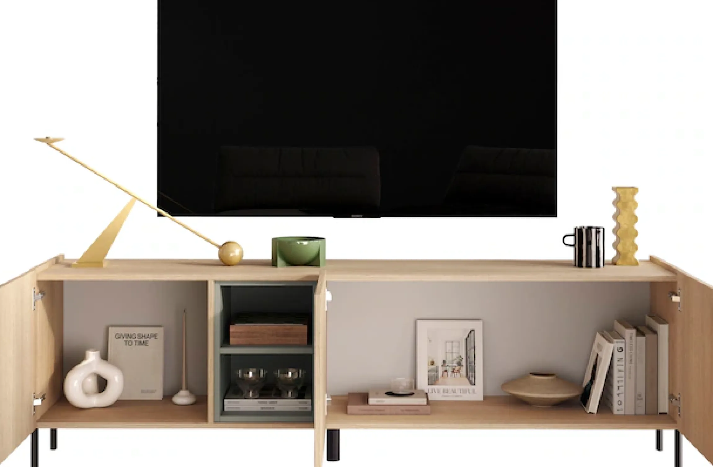 OTTO home Lowboard »Badia, 182 cm breit, 3 Türen, Mediaboard, TV-Schrank« Innenliegendes Top, gerade Metallfüße, salbeigrüne Farbakzente