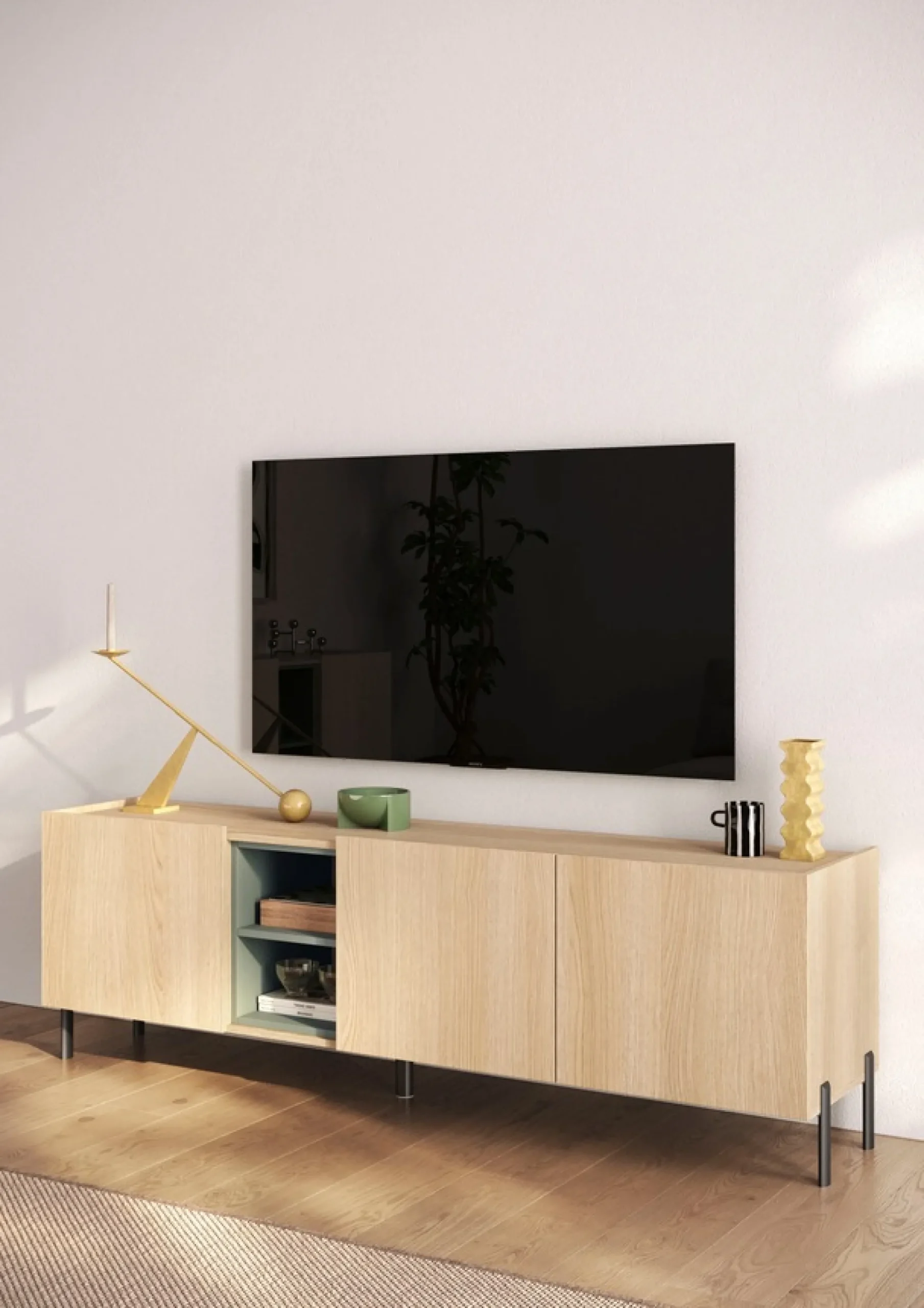 OTTO home Lowboard »Badia, 182 cm breit, 3 Türen, Mediaboard, TV-Schrank« Innenliegendes Top, gerade Metallfüße, salbeigrüne Farbakzente