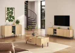 OTTO home Lowboard »Badia, 182 cm breit, 3 Türen, Mediaboard, TV-Schrank« Innenliegendes Top, gerade Metallfüße, salbeigrüne Farbakzente