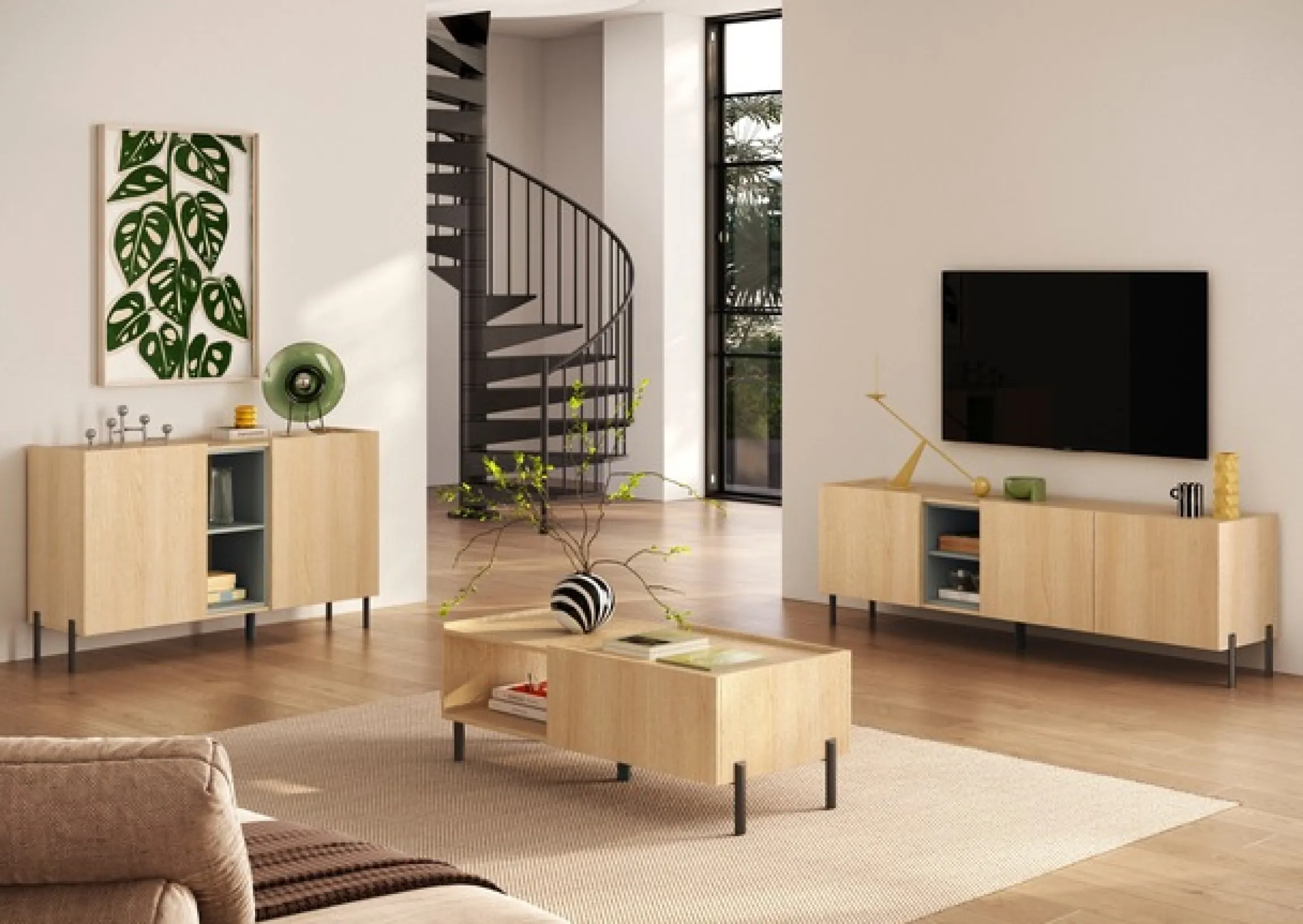 OTTO home Lowboard »Badia, 182 cm breit, 3 Türen, Mediaboard, TV-Schrank« Innenliegendes Top, gerade Metallfüße, salbeigrüne Farbakzente