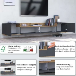 OTTO home Lowboard »BOLSENA,TV-Kommode, TV-Möbel,TV-Bank, 4 Fächer und offenes Ablagefach« 1 Stk. tlg. stehend/hängend montierbar, Made in Italy, B/T/H: 200 × 35 × 31,2 cm