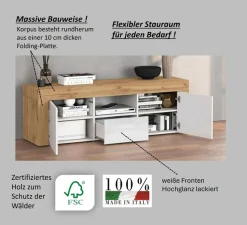 OTTO home Lowboard »CHRONOS Breite 155 cm mit 2 Türen, 1 Schublade,1 offenes Fach« 1 Stk. tlg. TV-Board, Sideboard niedrig, Grifflos mit Push to Open 'Made in Italy'