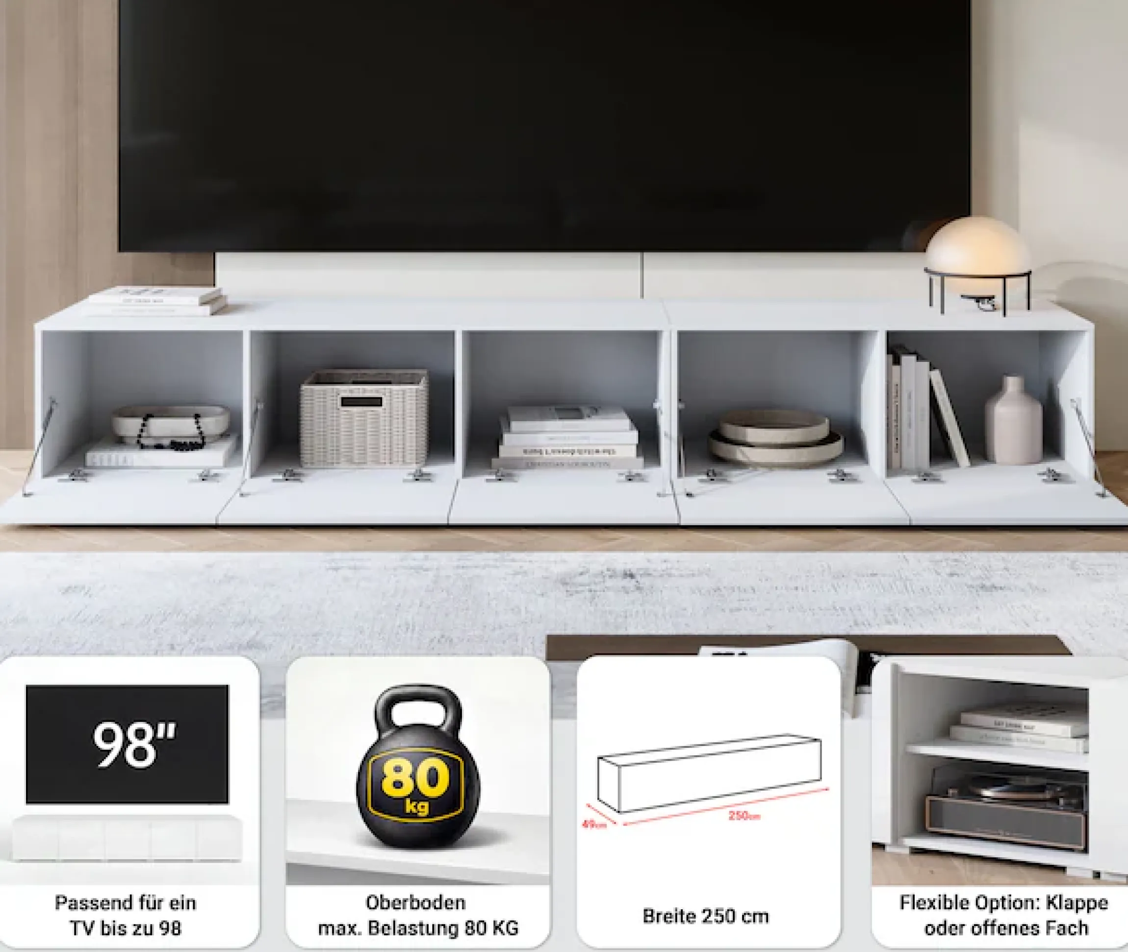OTTO home Lowboard »Denver 250 cm für bis zu 98-Zoll TVs - Weltmeisterschaft im XXL Format« Wahlweise mit oder ohne offenes Fach in der Mitte