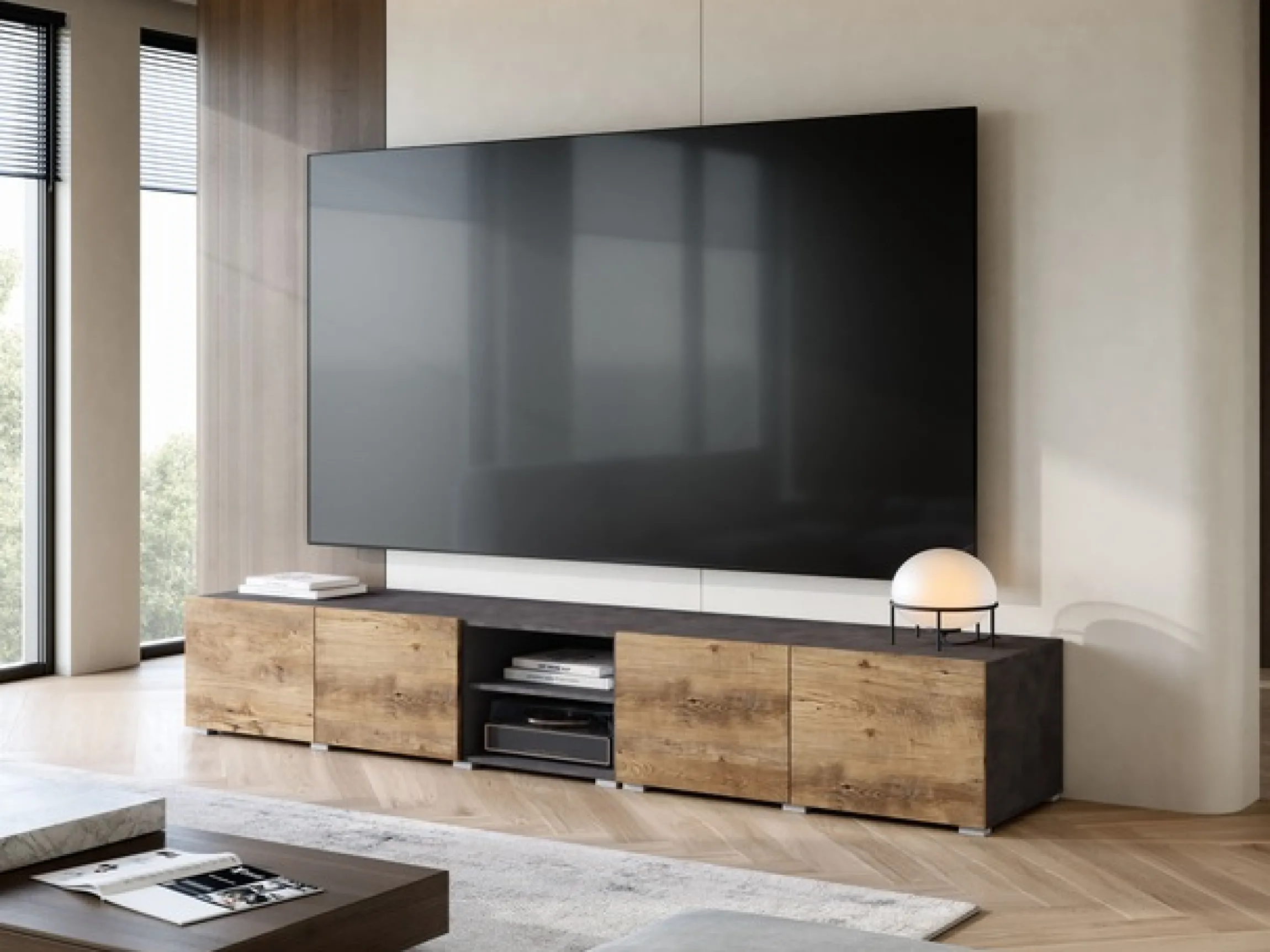 OTTO home Lowboard »Denver 250 cm für bis zu 98-Zoll TVs - Weltmeisterschaft im XXL Format« Wahlweise mit oder ohne offenes Fach in der Mitte