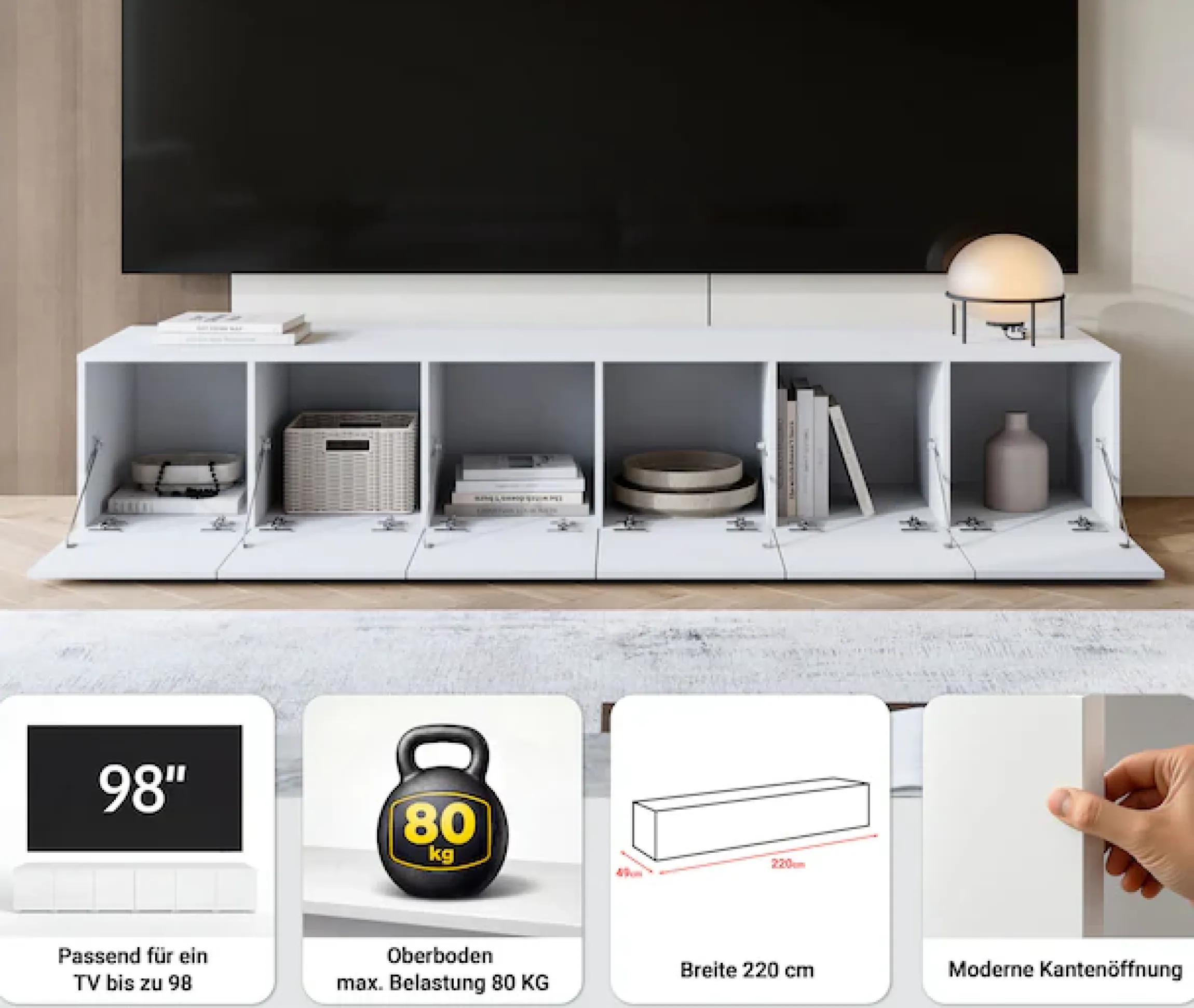 OTTO home Lowboard »Denver Erlebe die Weltmeisterschaft im XXL-Format« 1 Stk. tlg. Elegantes TV-Möbel 220 cm, speziell für bis zu 98-Zoll Fernseher