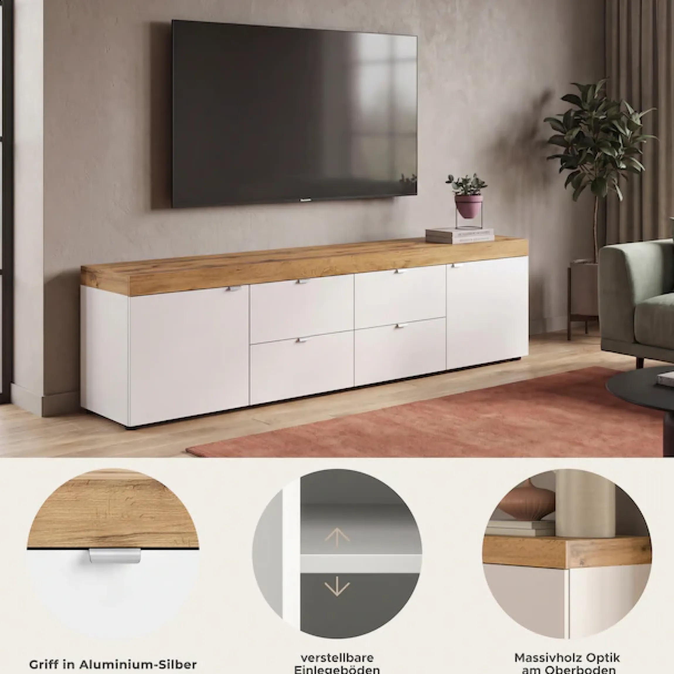 OTTO home Lowboard »MAMBO II, Breite 200 cm, 2 Türen, 4 Schubkästen, 4 Fächer« 1 Stk. tlg. Lowboard, TV Unterschrank, TV-Schrank, Wohnzimmer