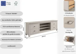 OTTO home Lowboard »Rauna, TV-Bank, TV-Kommode, Landhausstil« Breite 200 cm, FSC®-zertifiziertes Massivholz, Kiefer