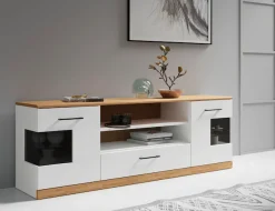 OTTO home Lowboard »Ribe,160cm breit,55cm hoch,Oberplatte massiv« Oberplatte Massivholz,schwarze Metall Griffe,2 Türen mit Glaseinsatz