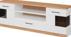OTTO home Lowboard »Ribe,160cm breit,55cm hoch,Oberplatte massiv« Oberplatte Massivholz,schwarze Metall Griffe,2 Türen mit Glaseinsatz