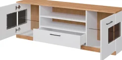 OTTO home Lowboard »Ribe,160cm breit,55cm hoch,Oberplatte massiv« Oberplatte Massivholz,schwarze Metall Griffe,2 Türen mit Glaseinsatz