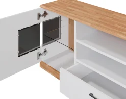 OTTO home Lowboard »Ribe,160cm breit,55cm hoch,Oberplatte massiv« Oberplatte Massivholz,schwarze Metall Griffe,2 Türen mit Glaseinsatz