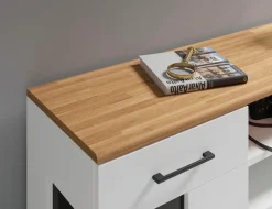 OTTO home Lowboard »Ribe,160cm breit,55cm hoch,Oberplatte massiv« Oberplatte Massivholz,schwarze Metall Griffe,2 Türen mit Glaseinsatz